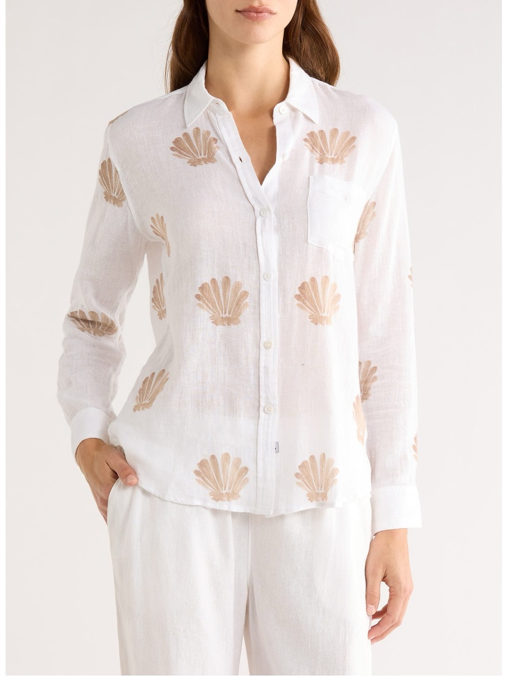 Rails Charli Seashell Print Linen Blend Button-Up Shirt White Beige XL NWT
